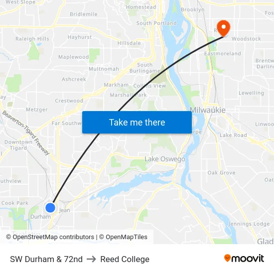 SW Durham & 72nd to Reed College map