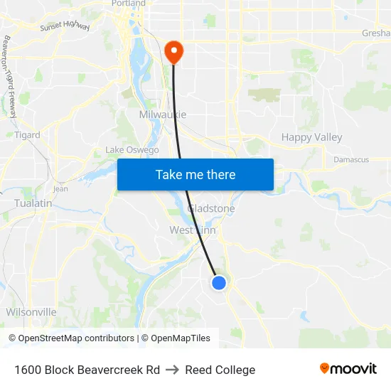 1600 Block Beavercreek Rd to Reed College map