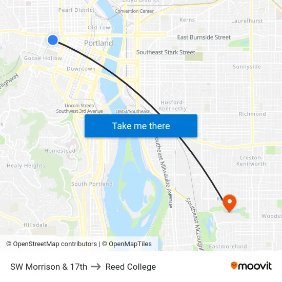 SW Morrison & 17th to Reed College map