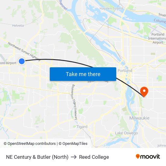 NE Century & Butler (North) to Reed College map