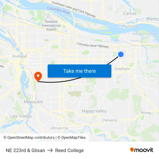 NE 223rd & Glisan to Reed College map