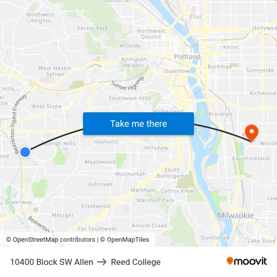 10400 Block SW Allen to Reed College map