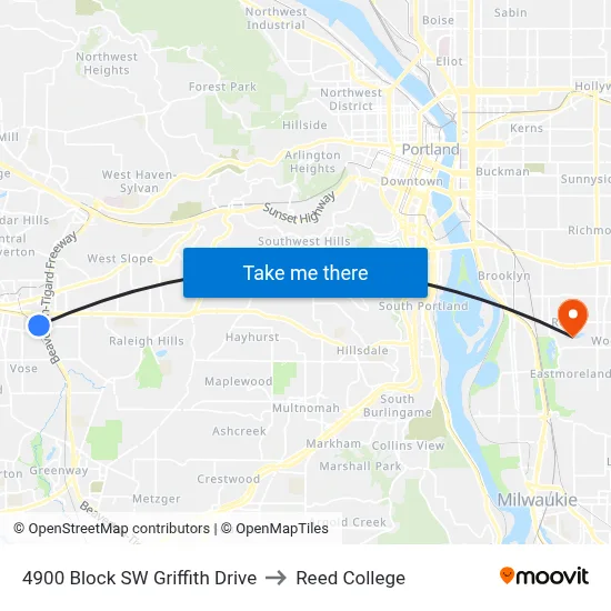 4900 Block SW Griffith Drive to Reed College map