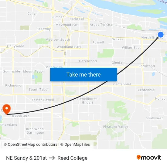 NE Sandy & 201st to Reed College map