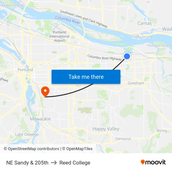 NE Sandy & 205th to Reed College map
