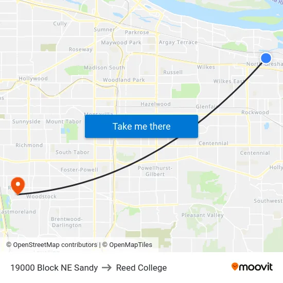 19000 Block NE Sandy to Reed College map