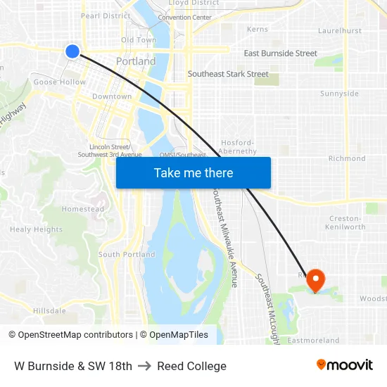W Burnside & SW 18th to Reed College map