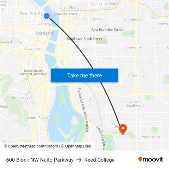 600 Block NW Naito Parkway to Reed College map