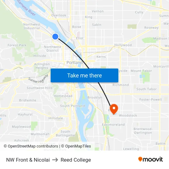 NW Front & Nicolai to Reed College map