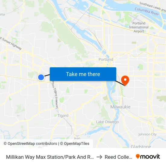 Millikan Way Max Station/Park And Ride to Reed College map