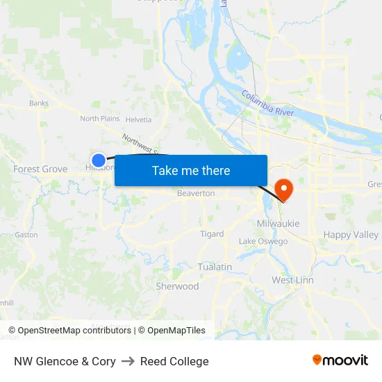 NW Glencoe & Cory to Reed College map