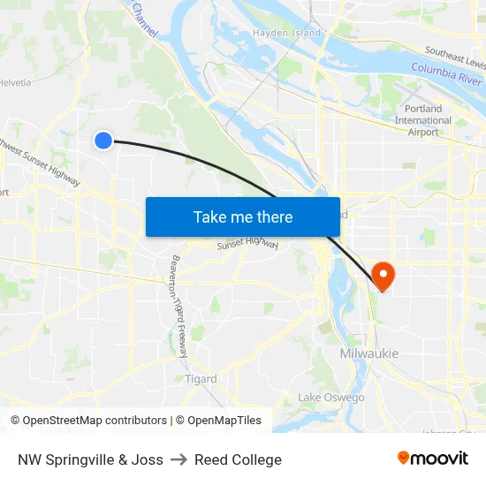 NW Springville & Joss to Reed College map