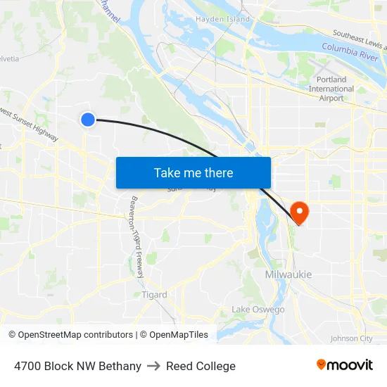 4700 Block NW Bethany to Reed College map