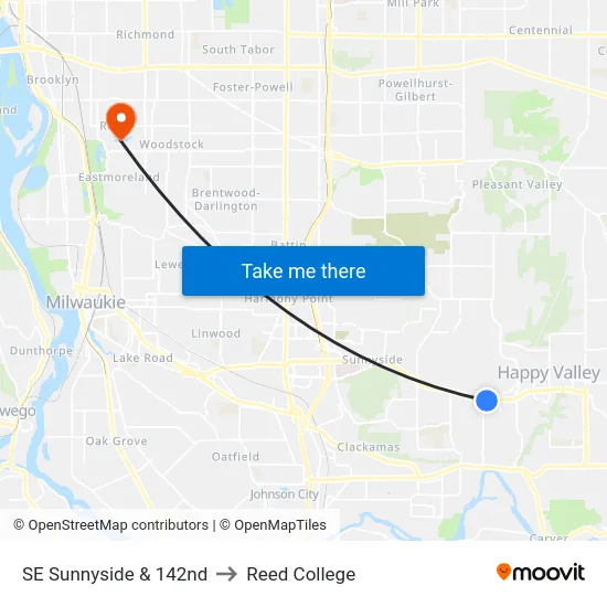 SE Sunnyside & 142nd to Reed College map