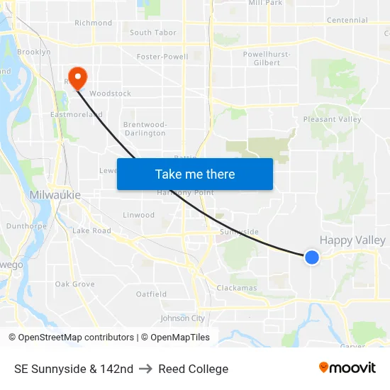 SE Sunnyside & 142nd to Reed College map