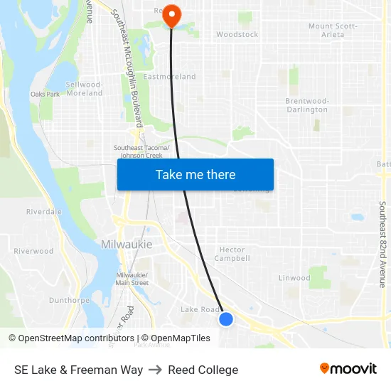 SE Lake & Freeman Way to Reed College map