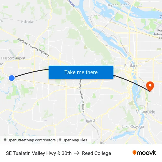 SE Tualatin Valley Hwy & 30th to Reed College map