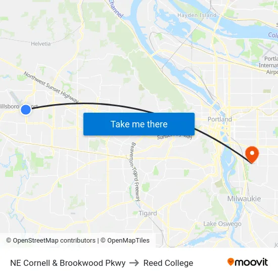 NE Cornell & Brookwood Pkwy to Reed College map