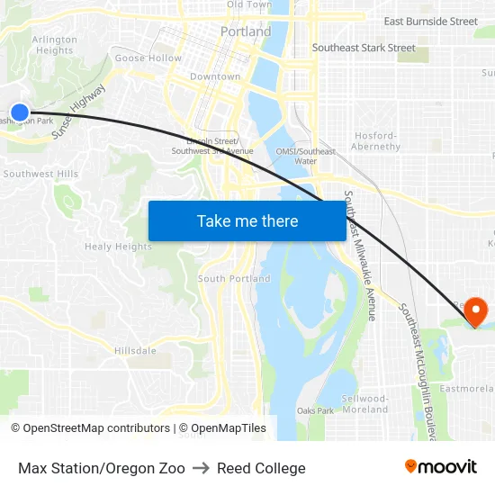 Max Station/Oregon Zoo to Reed College map