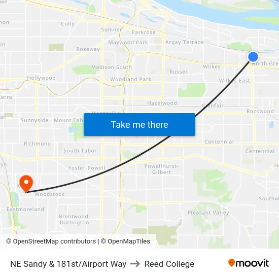 NE Sandy & 181st/Airport Way to Reed College map