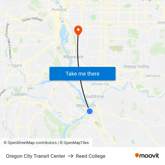 Oregon City Transit Center to Reed College map