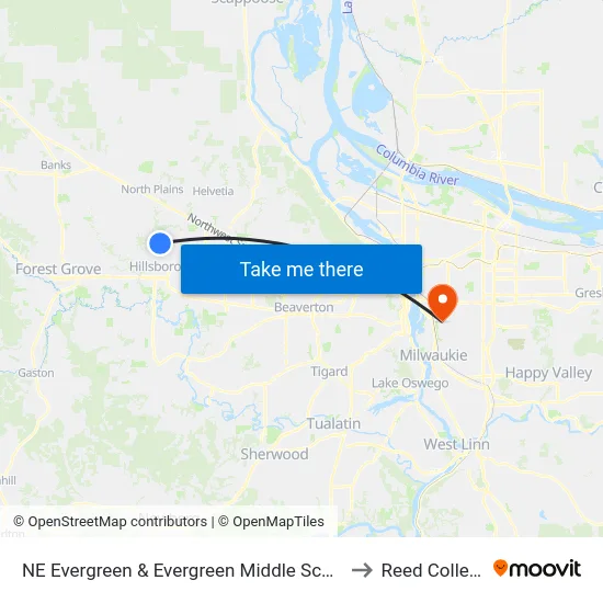 NE Evergreen & Evergreen Middle School to Reed College map