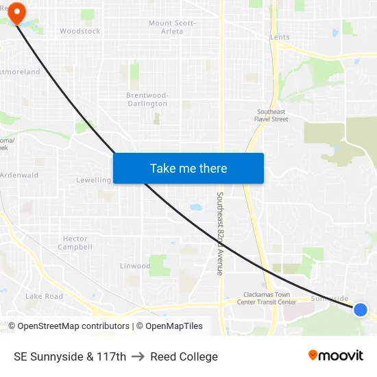 SE Sunnyside & 117th to Reed College map