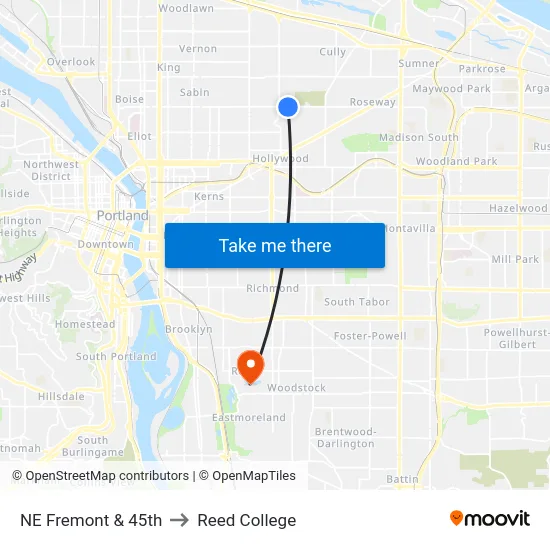 NE Fremont & 45th to Reed College map