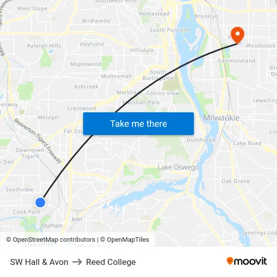 SW Hall & Avon to Reed College map