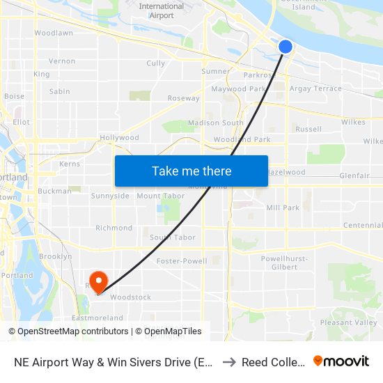 NE Airport Way & Win Sivers Drive (East) to Reed College map