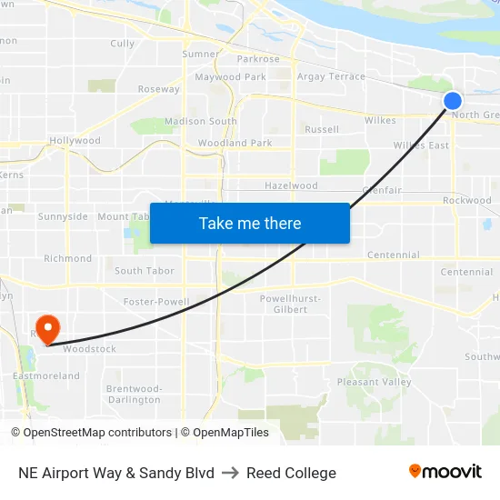 NE Airport Way & Sandy Blvd to Reed College map