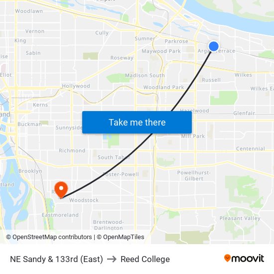 NE Sandy & 133rd (East) to Reed College map