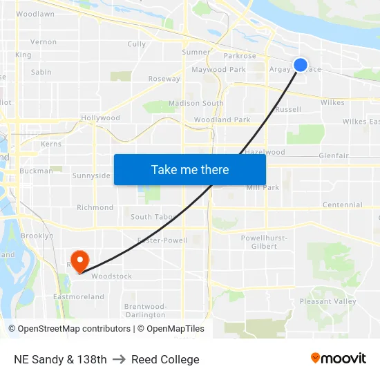 NE Sandy & 138th to Reed College map