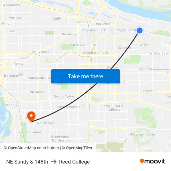 NE Sandy & 148th to Reed College map