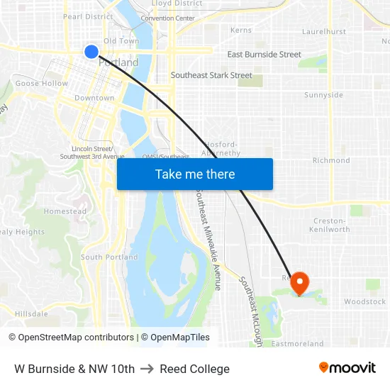 W Burnside & NW 10th to Reed College map