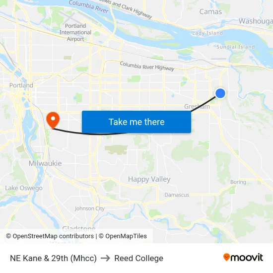 NE Kane & 29th (Mhcc) to Reed College map