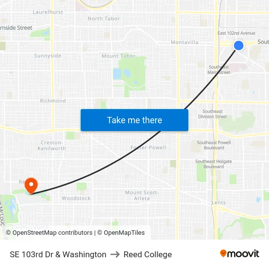 SE 103rd Dr & Washington to Reed College map