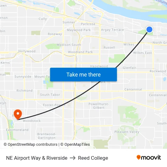 NE Airport Way & Riverside to Reed College map