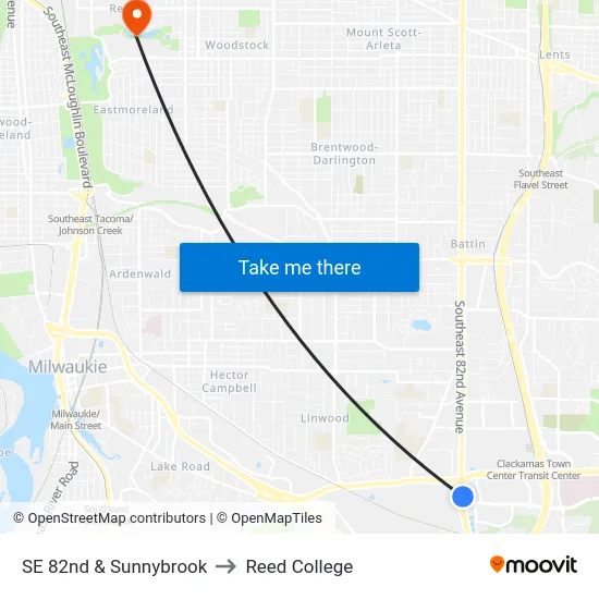 SE 82nd & Sunnybrook to Reed College map