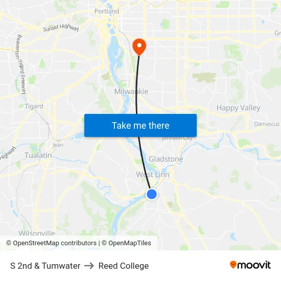 S 2nd & Tumwater to Reed College map