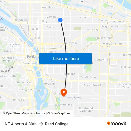 NE Alberta & 30th to Reed College map