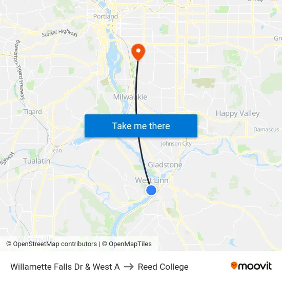 Willamette Falls Dr & West A to Reed College map