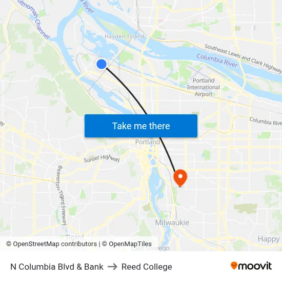 N Columbia Blvd & Bank to Reed College map