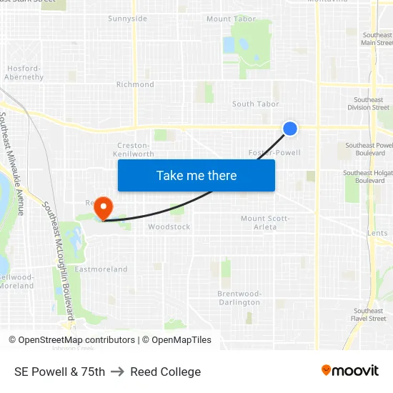 SE Powell & 75th to Reed College map