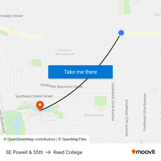SE Powell & 55th to Reed College map
