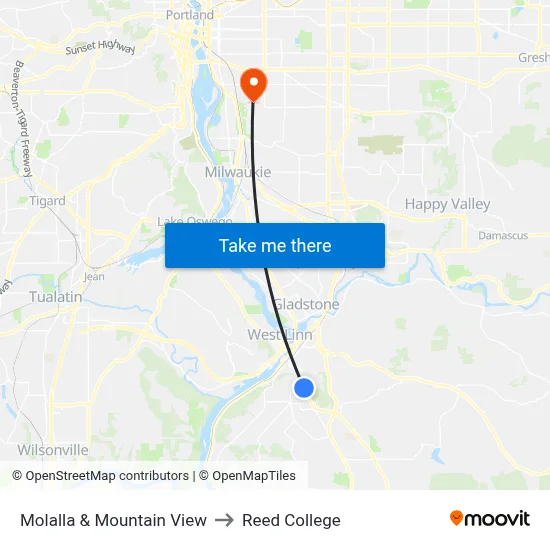 Molalla & Mountain View to Reed College map
