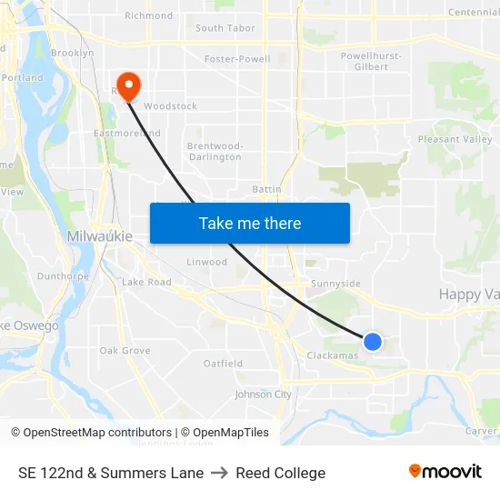 SE 122nd & Summers Lane to Reed College map