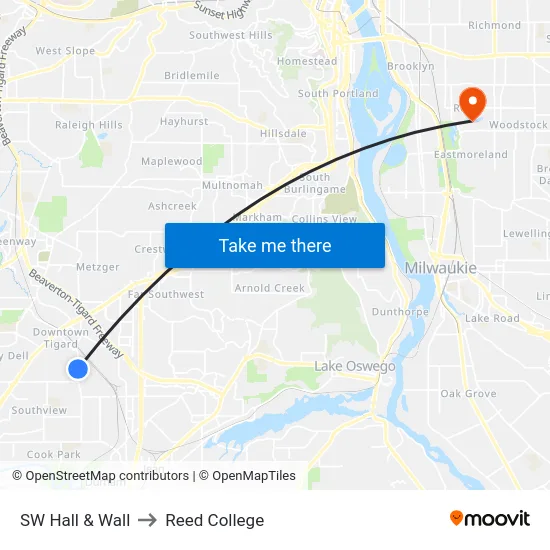 SW Hall & Wall to Reed College map