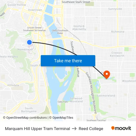 Marquam Hill Upper Tram Terminal to Reed College map