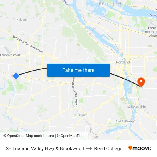 SE Tualatin Valley Hwy & Brookwood to Reed College map
